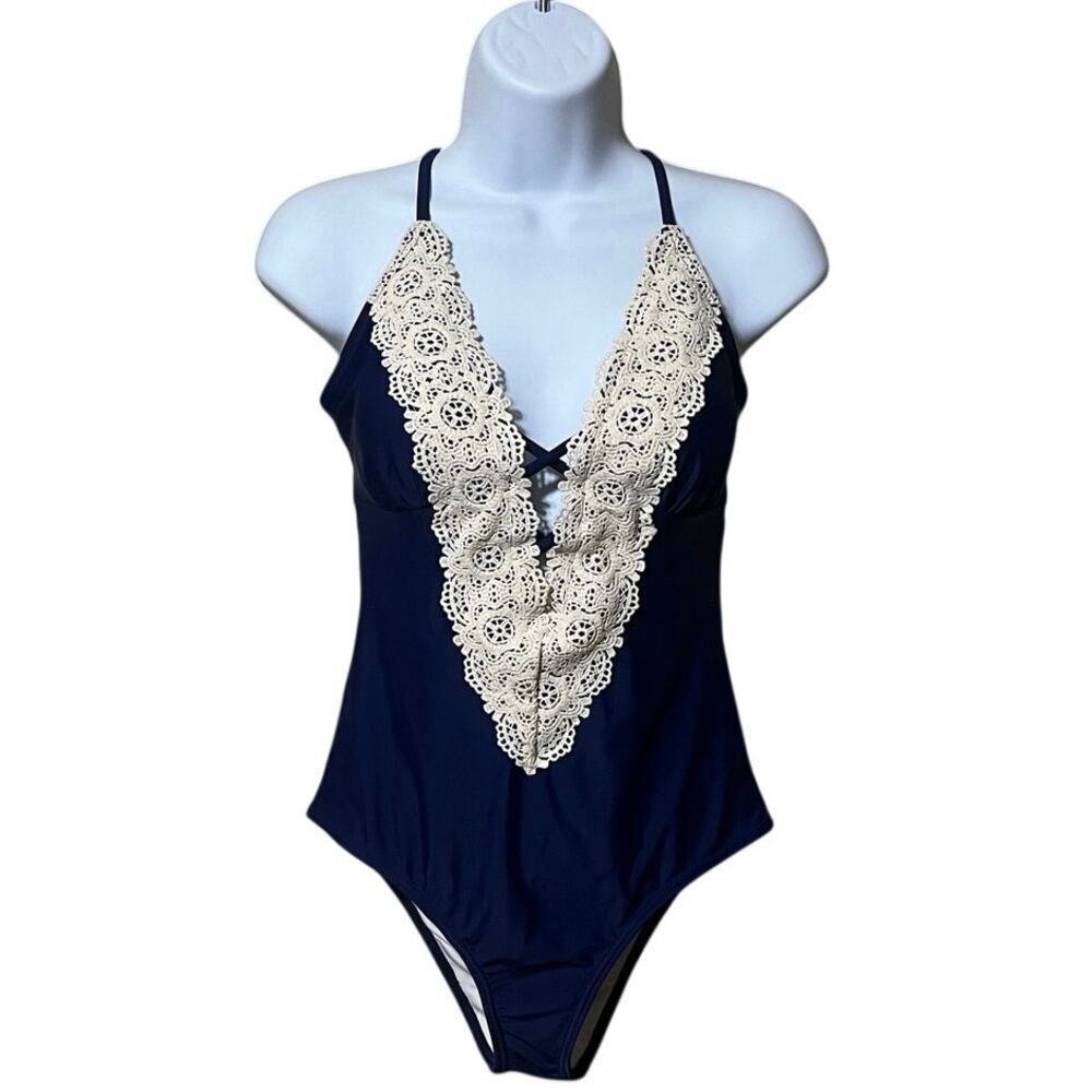 Navy Blue Vintage Lace Crochet One Piece Swimsuit Ladies Small Beach Swim Boho